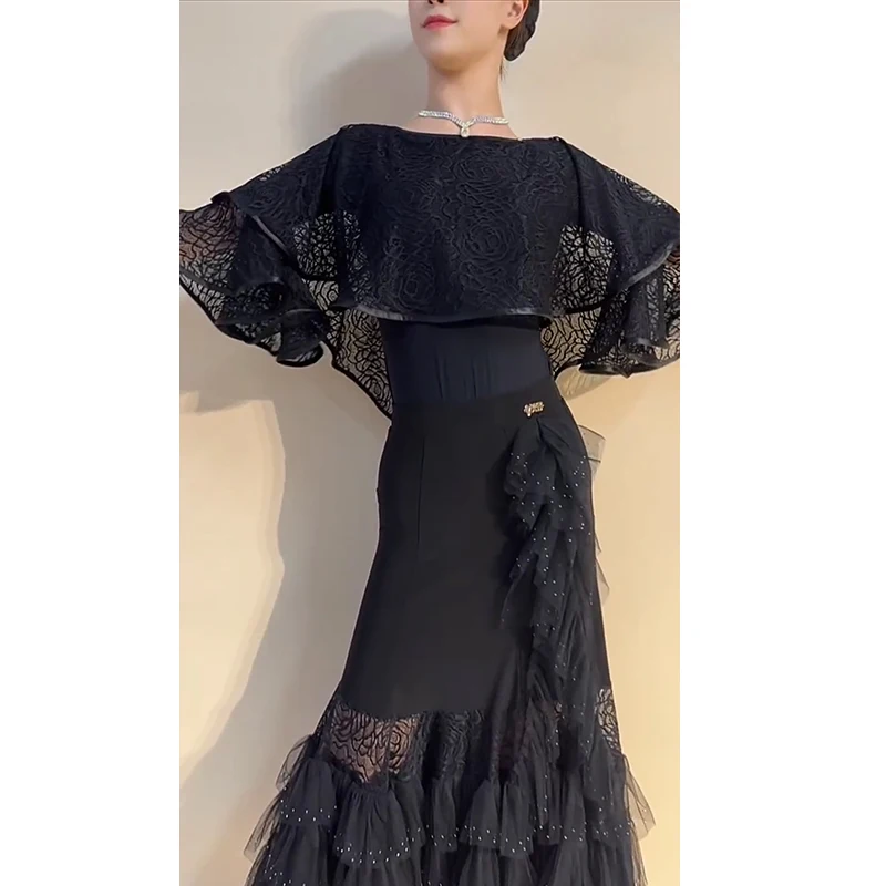 Sukienki do tańca towarzyskiego damskie 2025 czarne koronkowe topy spódnica walc trening występ sukienki damskie studniówka sukienka konkursowa