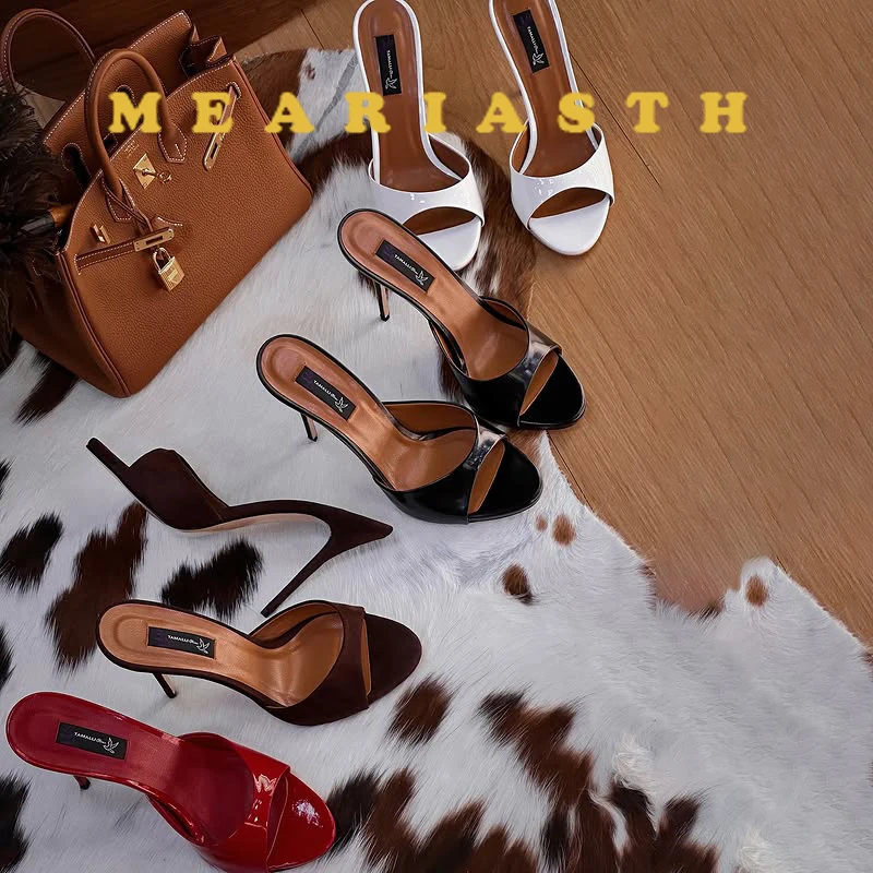 Fashion Red leather Women Slippers Rouned Open Toe High Heels Sandals Sexy Stripper Party Slides Mule Ladies Shoes Size 35-44