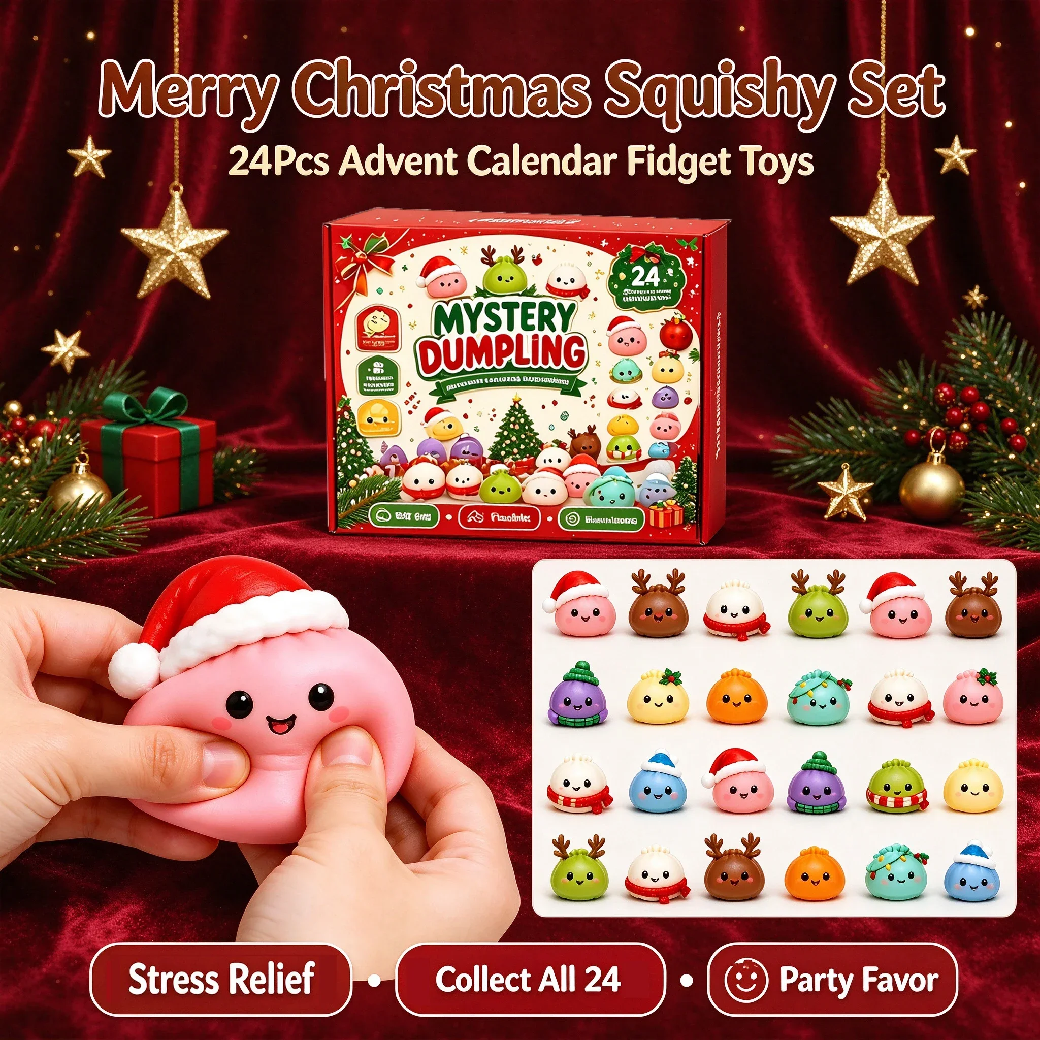 2026 Christmas Advent Calendar 24Pcs Dumpling Squishy Toys Soft Squeeze Relief Blind Box Surprise Xmas Gift for Kids Girls
