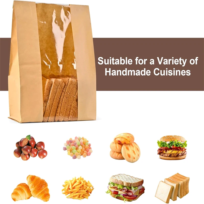 50pcs Kraft Paper Bag With Window Bread Packaging Bags Handmade Toast Biscuit Candy Packing Pounches With Label Sealing Stickers