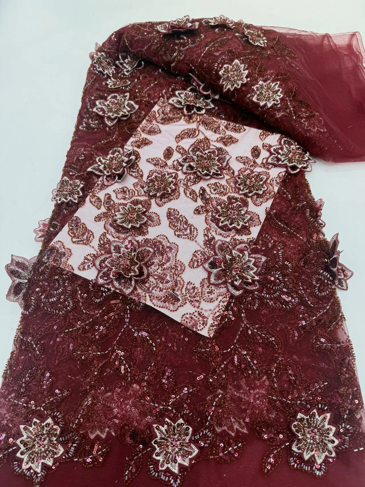 

Luxury Elegant Handmade Sequins Beaded Lace Fabric High Quality 3D African Style for Wedding Sewing 5 Yards