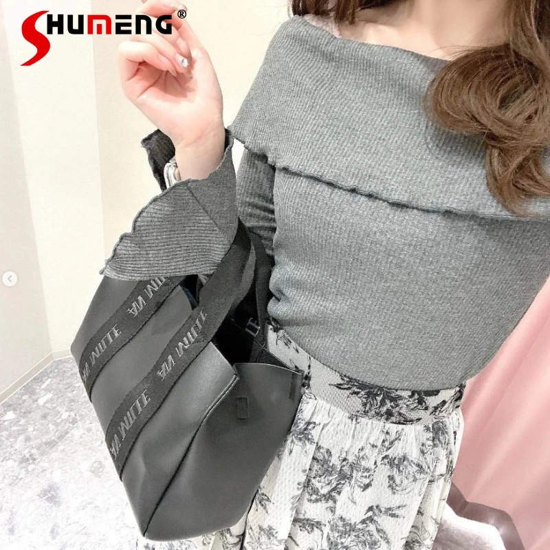 

2023 Early Autumn Elegant Off-Shoulder Lapel Knitwear Bell Sleeve Slim-Fit Tall-Looking Top T-shirt Knitted Sweater Pullovers