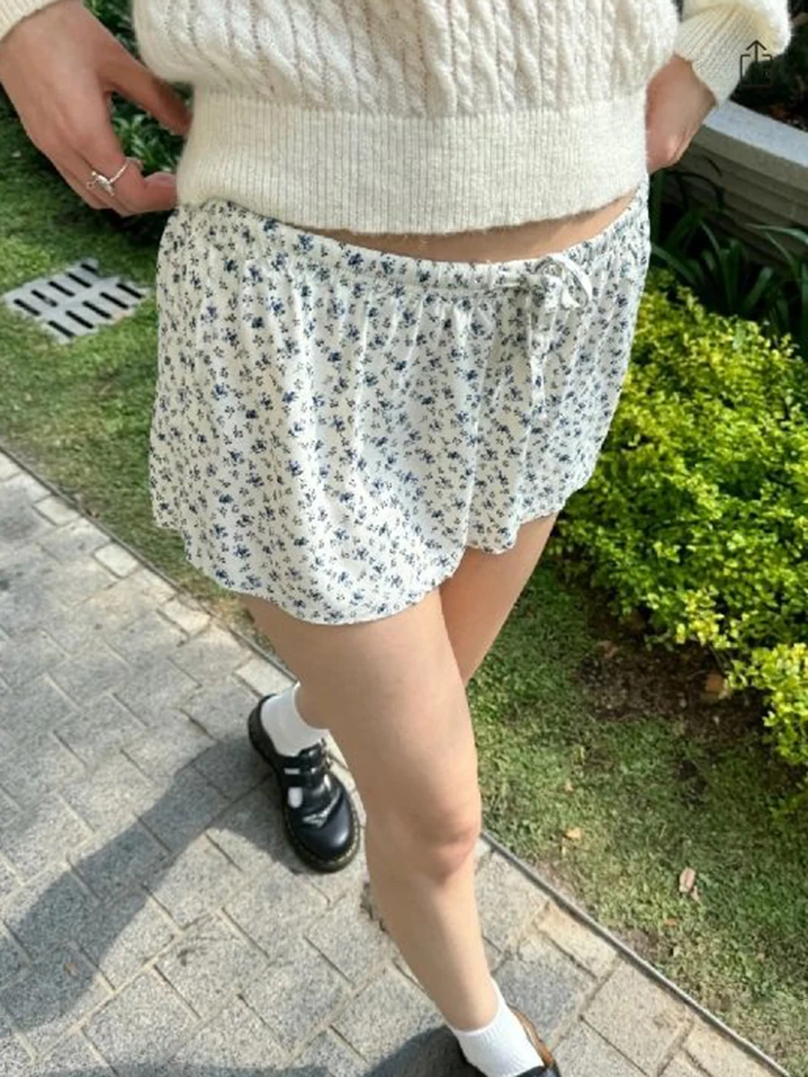 Blue Floral Drawstring Women Summer High Waist Sweet Print Loose Straight Short Pant Vintage Streetwear Casual Underwear Y2k