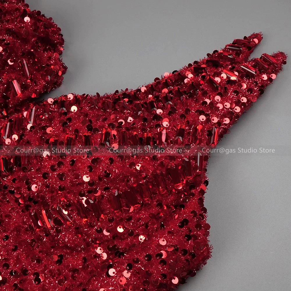 Europe and the United States wind red breasted sequins open fork evening dress female temperament dinner toast long skirt