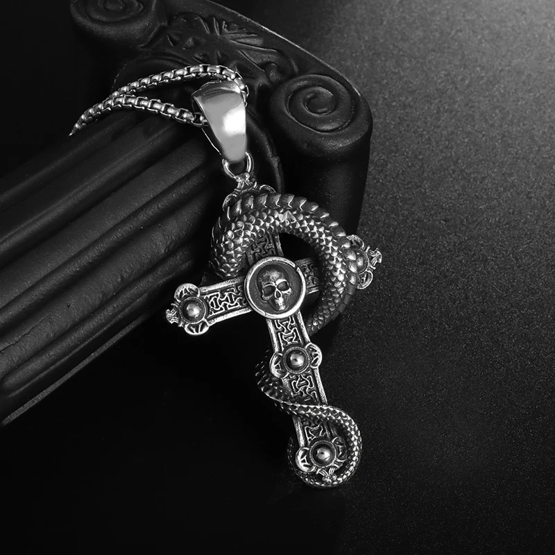 Vintage Punk Dragon Wrap Cross Pendant Necklace for Men Personality Domineering Daily Ride Wear Jewelry Gift