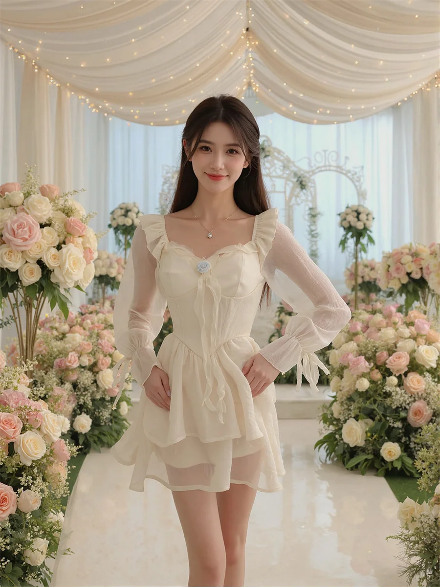 Dames Witte Jurken Voor Dames Gedrapeerde Ruches Herfst Slim-Fit Halve Mouw Bloemen Elegant Doorschijnend V-hals Comfortabel Col Gesplitst