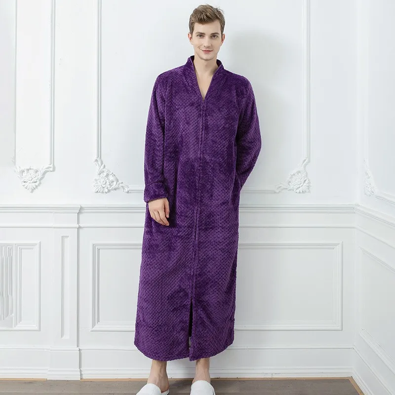 Autumn Winter Coral Velvet Nightgowns Mens Loose Large Size Extended Warm Velvet Padded Loungewear Flannel Padded Bathrobe