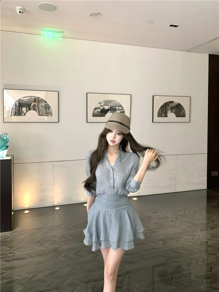 

Vintage Style Women's Clothing Set High Quality Shirt and A Line Mini Skirt Elegant Casual Outfit