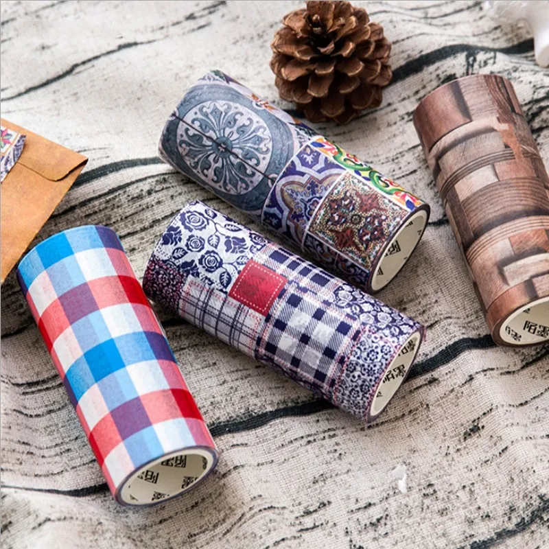 1Roll Retro Grid Tape Wooden Decoration Collage Series Hand Account DIY Decoration Stickers 5M