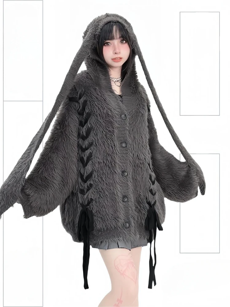 Harajuku Cute Rabbit's Ears Hooded Cardigan Women Y2k Aesthetic Fluffy Sweater Coat Kawaii Streetwear Fairy Bandage Grunge Coats