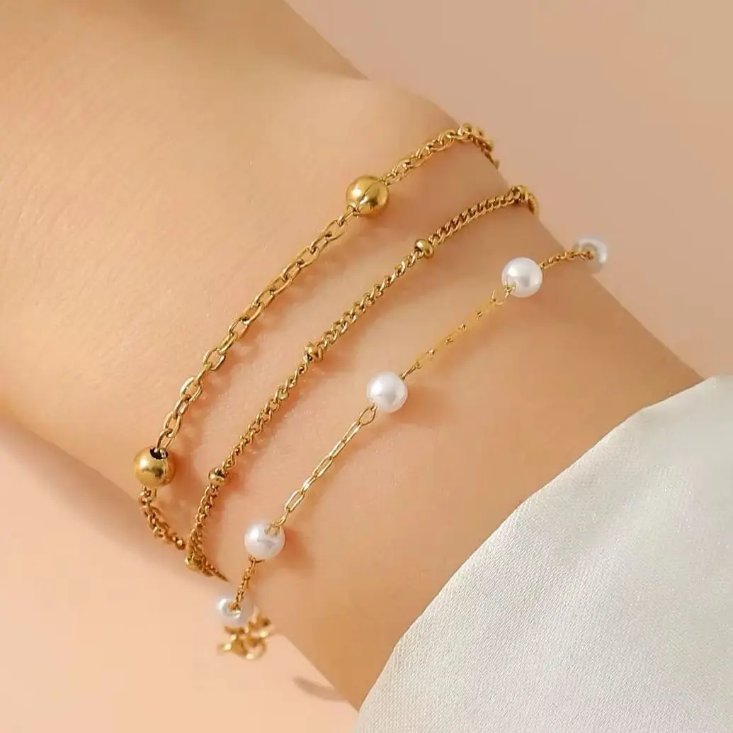 

Stainless Steel Multi-Layer Bracelets For Women Jewelry Imitation Pearls 18k Gold Beads Three-Layer Bracelet tiki Gift Hot