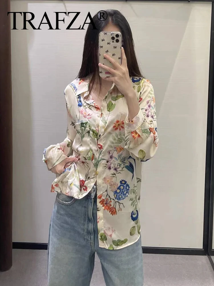 TRAFZA 2024 Women’s Floral Print Shirt Long Sleeves Lapel Female Single-Breasted Blouse Wild Casual Beach Style Woman Shirts Top