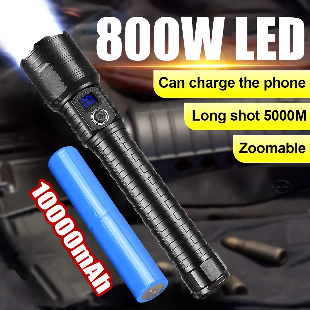 2024 Ultra Powerful Flashlight 800W Rechargeable Torch Light 10000mAh XHP360 High Power LED Flashlights 5000M Tactical Lantern