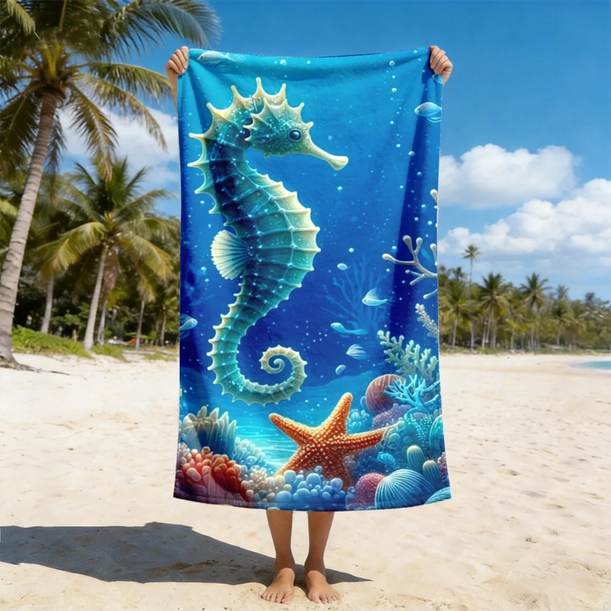 Seahorse Starfish Print Beach Towel Polyester Soft Quick Dry Large Bath Towel Summer Swimming Pool Surfing Blanket