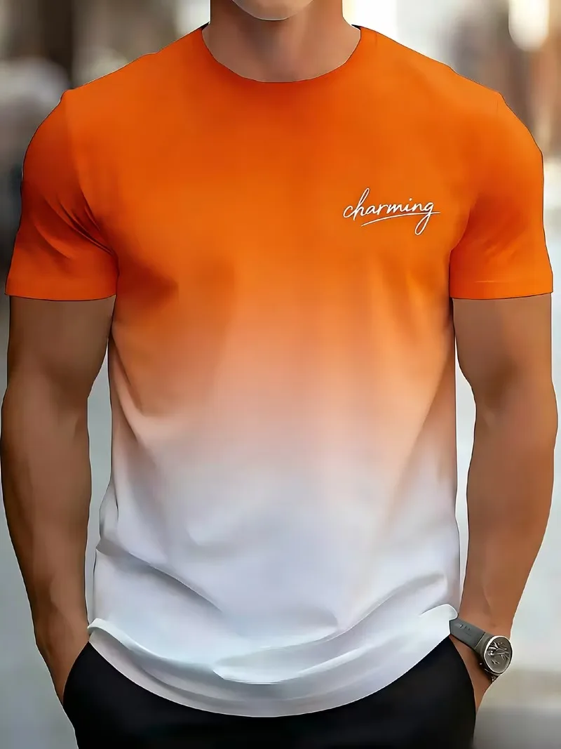Simple Letter Printed Men's Gradient Short Sleeved T-Shirt Top Fashiona Casual Round Neck Sports And Fitness Daily Men Clothing