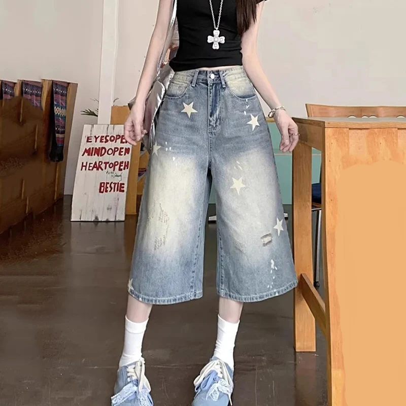 American Retro Washed Star Denim Shorts Women 2026 Summer Straight Loose Five-Point Pants Woman Stretwear Y2K Wide Leg Shorts