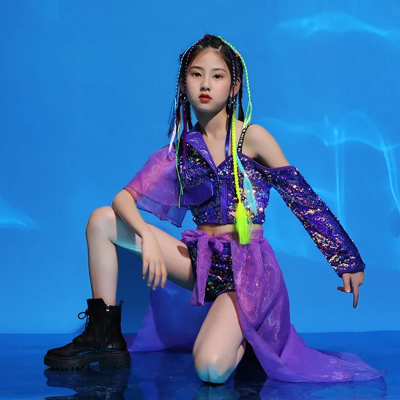 Hip Hop Girl'S Jazz Performance Outfit Model T-Stage Clothing Fashion Kids Stage Sequin mesh suits Costume Children Show Clothes