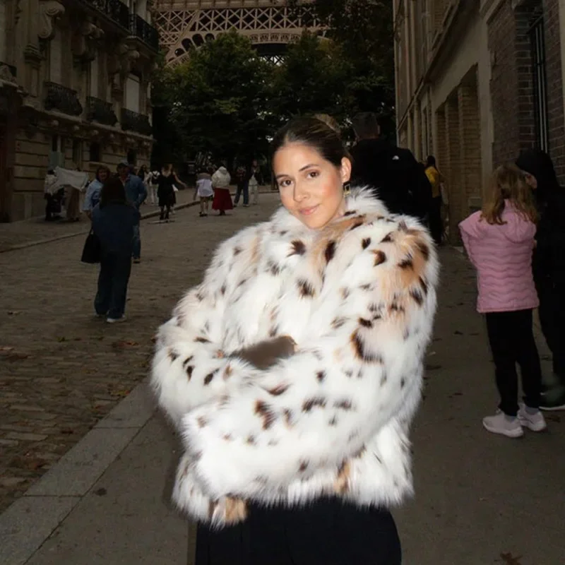 Leopard Print Faux Fur Texture Jacket Women Light Colored Loose Plush Outerwear 2024 Winter New Casual Warm Artificial Fur Coats