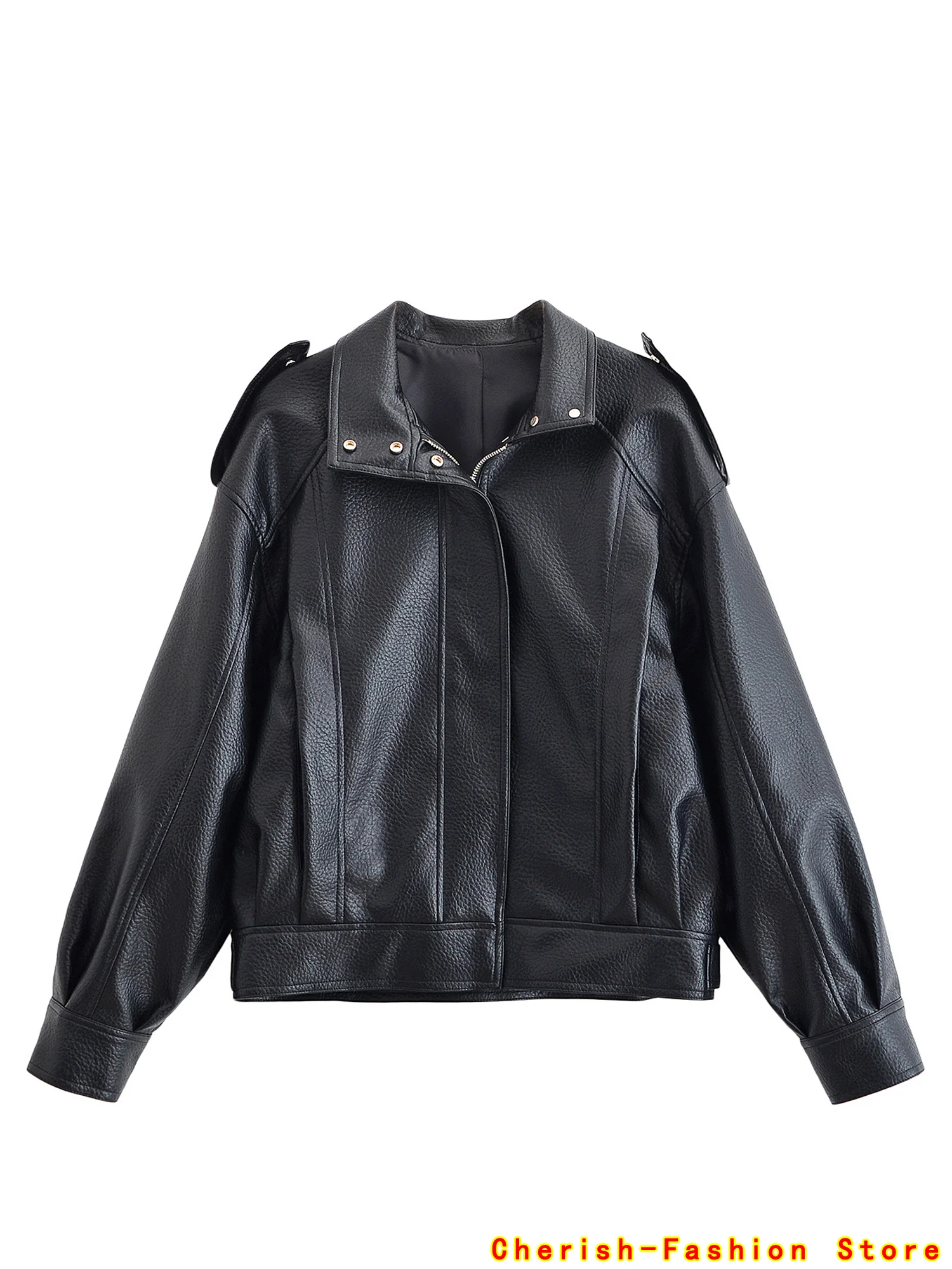 

2025 Autumn Lady Locomotive Outwear New Street Women's Stand Collar Leather Jacket Loose Zipper Buttons Long Sleeve Female Coat