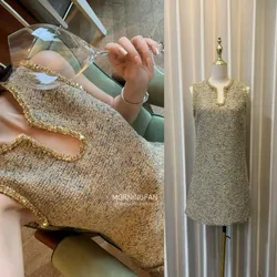 2024 Runway Women Diamonds Sequins V Neck Tank Prom Party Mini Dress Autumn Winter Tweed Sleeveless Vest Weave A Line Clohtes