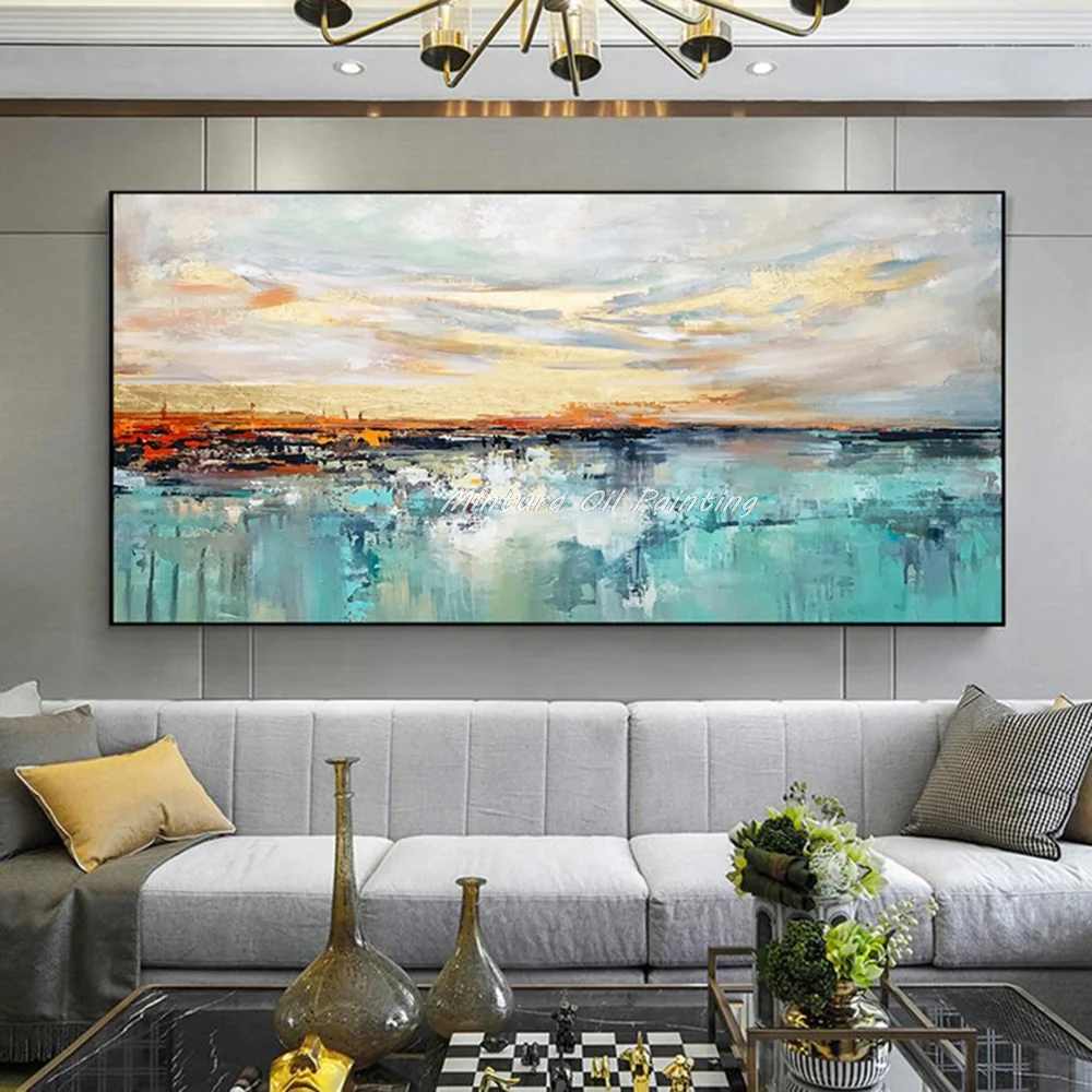 

Mintura,Wall Picture for Living Room Home Decor Handpainted Landscape Lake Sky Oil Painting on Canvas,Modern Abstract Golden Art