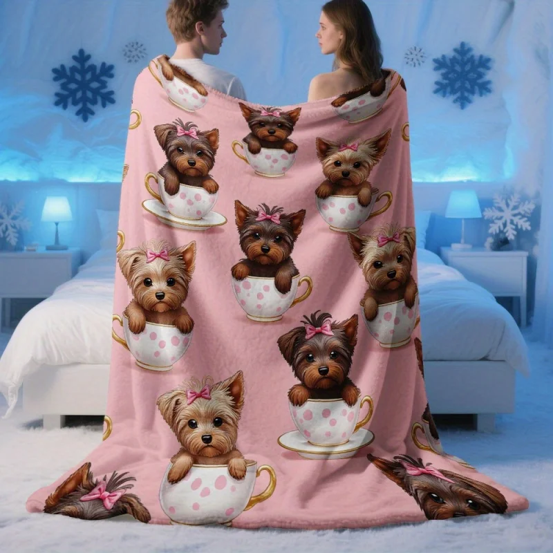 Yorkshire Terrier Puppy In Teacup Pink Pattern Printed Blanket Soft Lightweight Cute Pet Theme Sofa Bed Home Decor Blanket