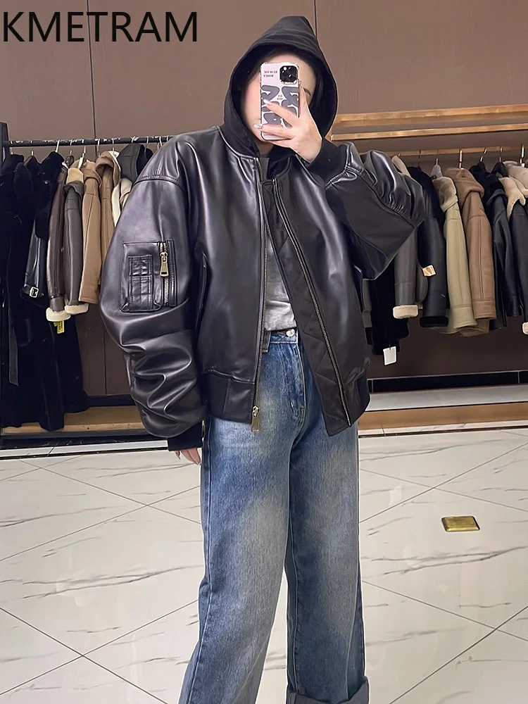 100 % Oberschicht-Schaffelljacke für Damen, schwarz, lockere Echtlederjacken mit Kapuze, neu in Oberbekleidung, Herbstkleidung, 2025 Diegoка