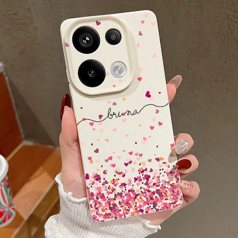 Romantic Little Heart Case For Xiaomi Redmi Note 14 13 Pro 5G 14 13 4G 12 11 Poco X6 F6 13T 13C Leather Texture TPU Phone Cover