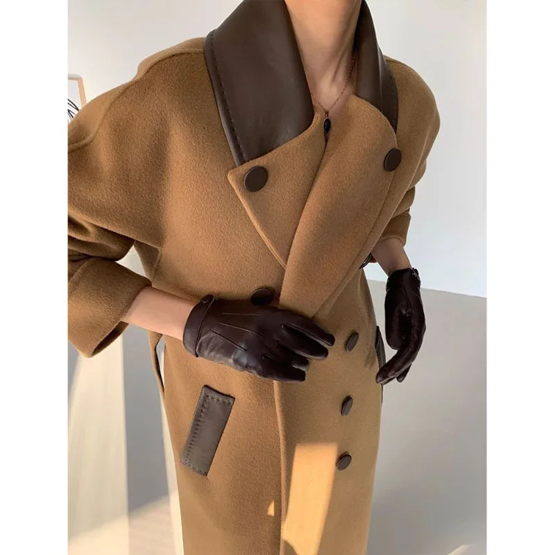 PU Leather Stitching Woolen Jacket Women\'s Overcoat Mid-Length Loose Woolen Windbreakers Autumn Winter New Chic Wool Coat