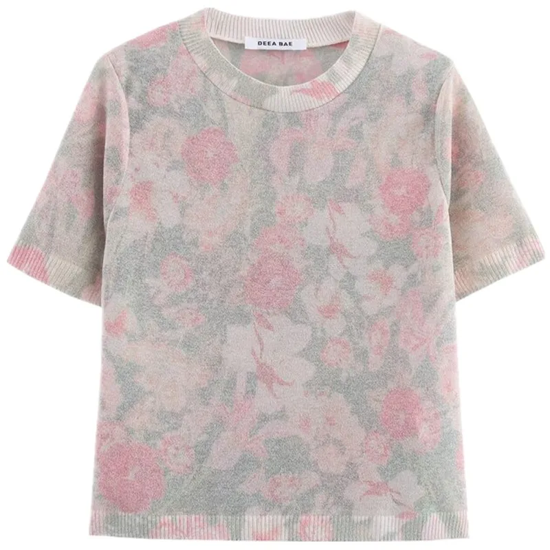 Spring 2025 Women's Faion round Ne ort Sve Knitted Top Floral Print Versatile New Arrival Commute Sle Polyester Blend