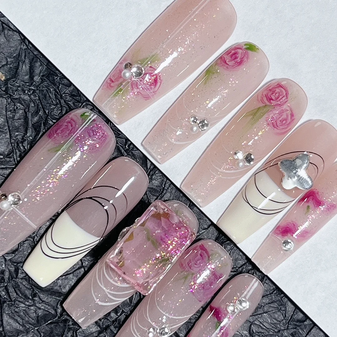 Emmabeauty French White Rose Removable Reusable High Quality Handmade Press On Nails with Elegant Style.No.EM29282