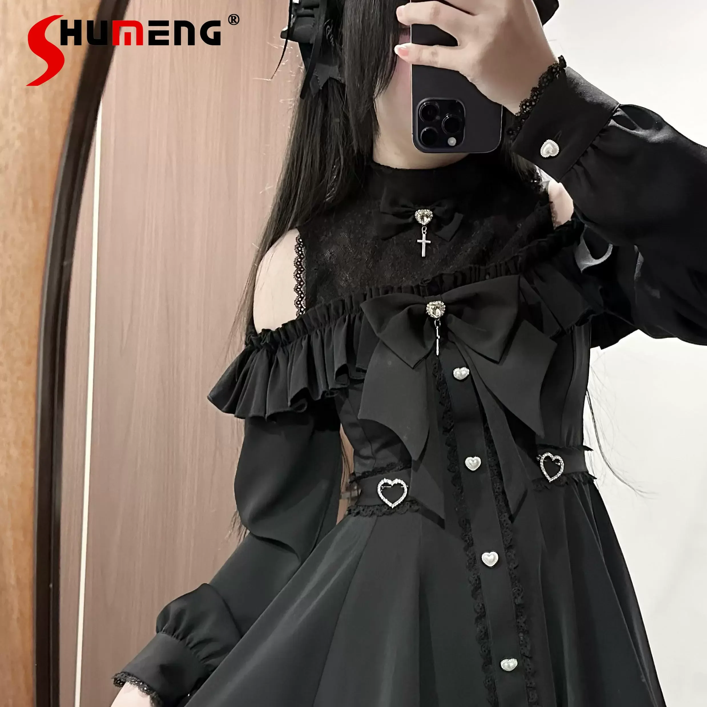 Japanese Mine Style Bow Lace Splicing Off-shoulder Long Sleeve Slim-Fit Mini Dress High Waist Shorts Two-piece Set Women Outfits