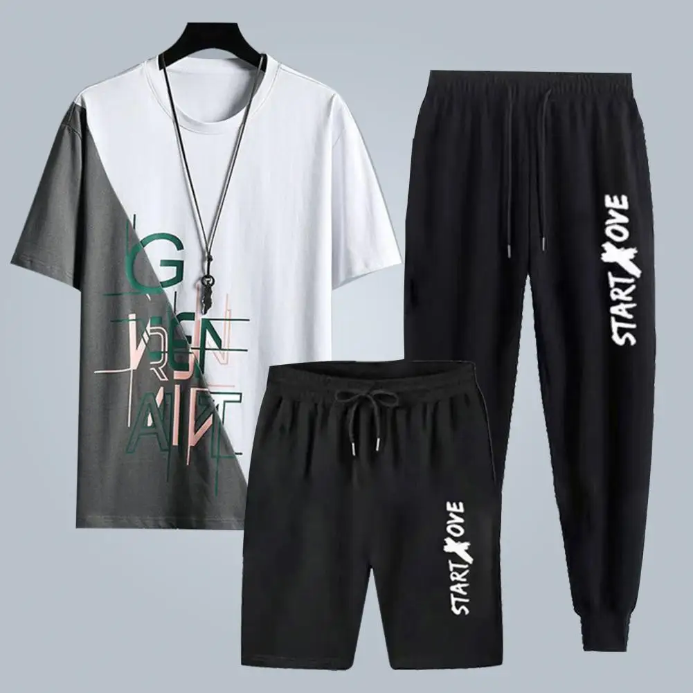 Versatile Fitness Suit Men's Sportswear Set Round Neck T-shirt Elastic Waist Shorts Sweatpants Stylish Tracksuit with Unique