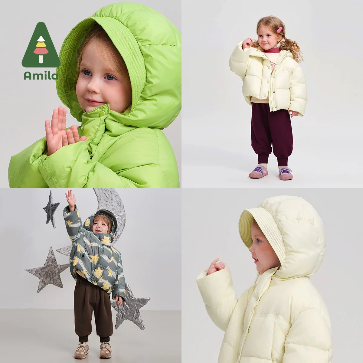 Amila Baby Down Jacket 2024 Winter New Style Girls Solid Color Warm Soft White Duck Down Soft Loose Casual Children\'s Jacket