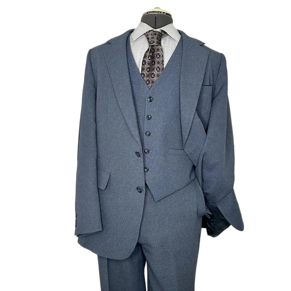 بسيط رمادي واحدة الصدر بلغت ذروتها التلبيب الرجال الدعاوى 3 قطع (سترة + بنطلون + سترة) الزفاف الرسمي مكتب أزياء الرجل مجموعات