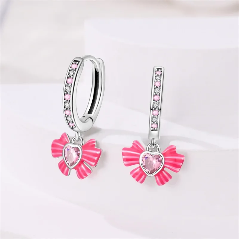 100% 925 Sterling Silver Romantic Pink Bow Earrings Sparkling Heart-Shaped Zircon Ear Studs For Women Wedding Engagement Jewelry