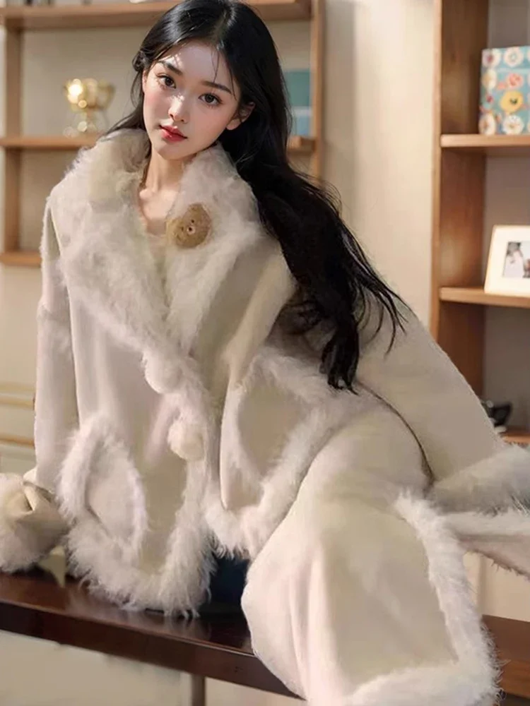 MiiiiX Korean Elegant Suit Notched Plush Thicken Loose Woolen Coat Warm Outerwear Long Straight Skirt Winter Women Two-piece Set