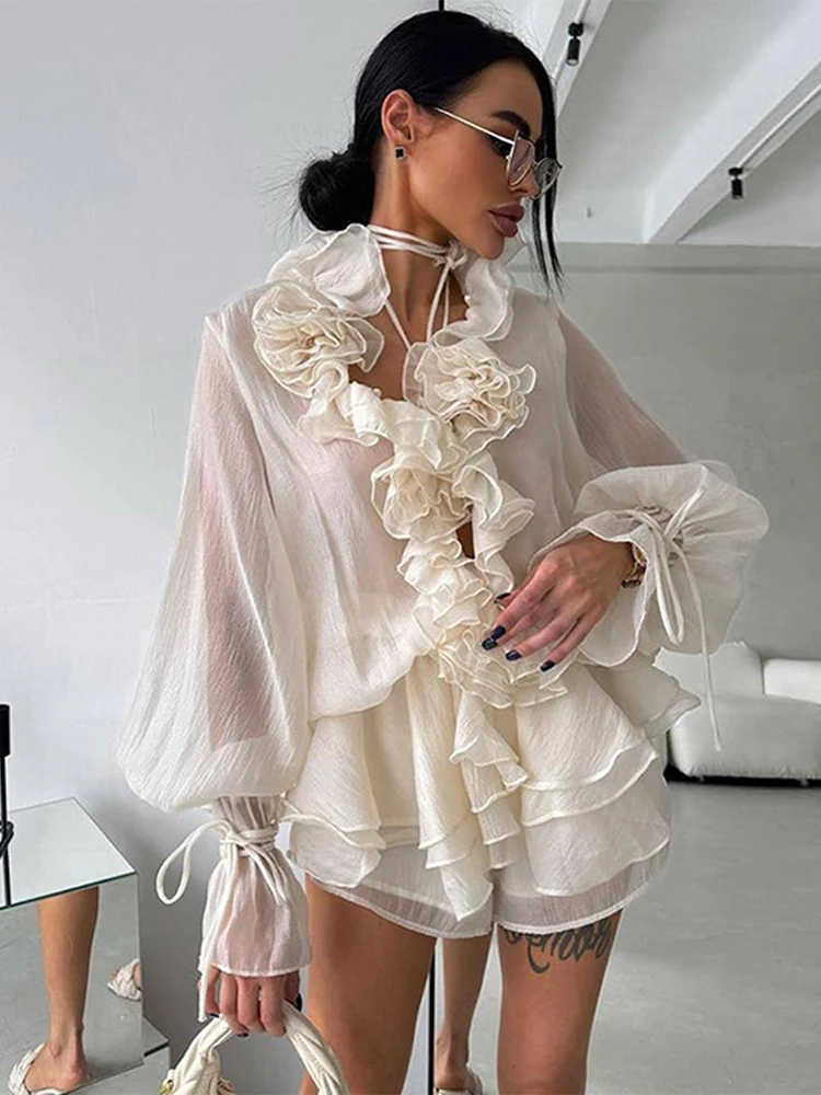 Elegant 3D Flower Ruffle Shirt Shorts Sets Women Lace Up Long