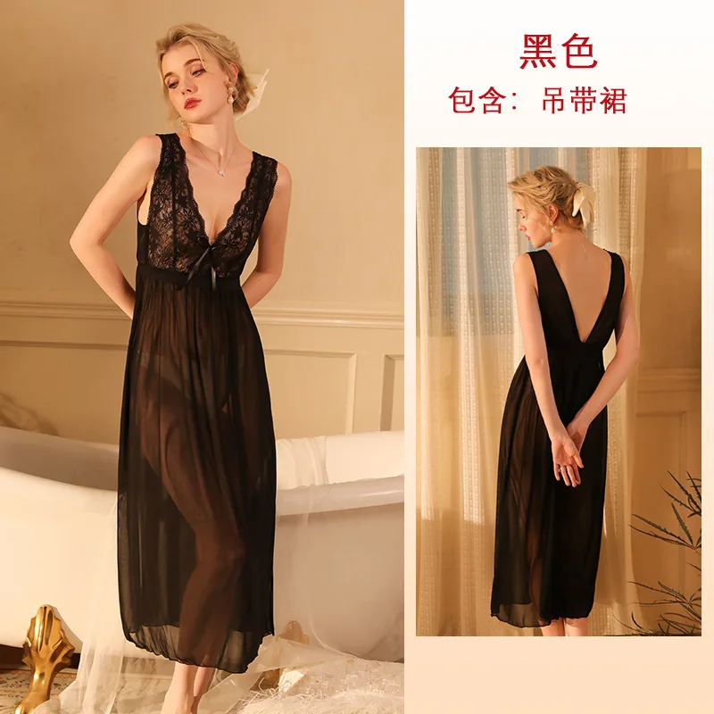 Sexy Suspender Nightgown Female Sleepwear Women Lace Nightdress Loungewear Summer Chiffon Nighty Gown Homewear