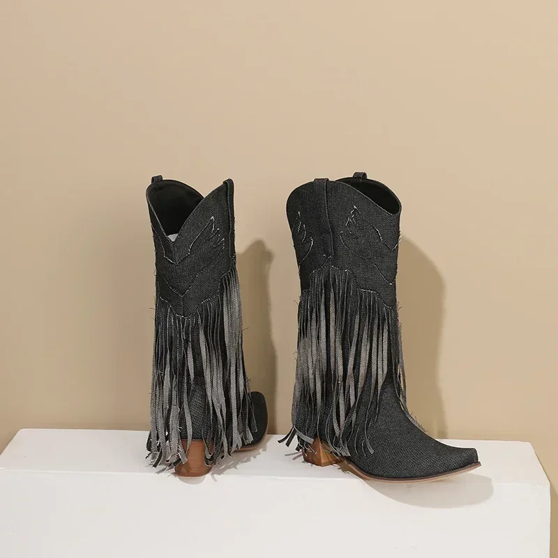 Botas occidentales de invierno a media pantorrilla para mujer, botas vaqueras con flecos azules, tacones altos de bloque, botas medias sin cordones con borlas y punta redonda para invierno