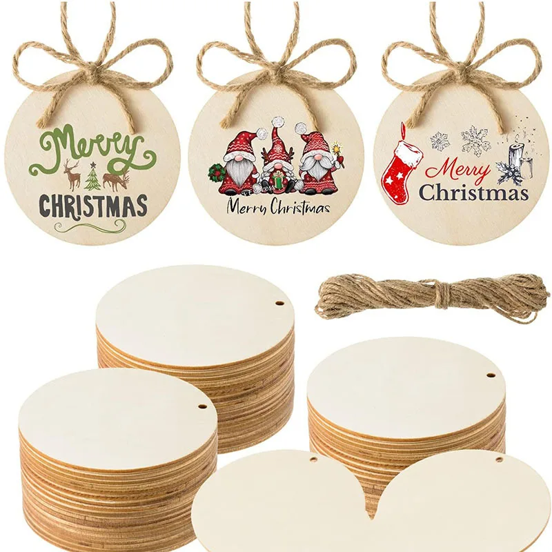 10/60Pcs Blank Punching Round Painted Wood Chips DIY Christmas Jewelry Accessories Wooden Tag Listing Logo Label with Rope