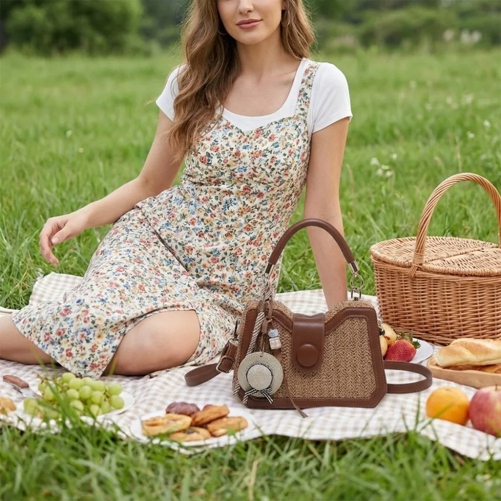 Colorful Straw Woven Handbag Round Snap Flap Color-Block Crossbody Bag Adjustable Strap Hat Pendant Charm Shoulder Bag Office