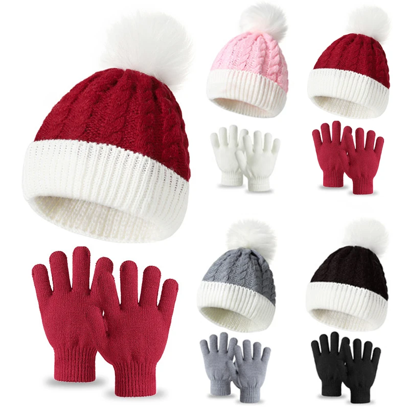 

2024, зимние детские шапки, комплект перчаток, детская милая вязаная шапка с меховым шариком, рождественские шапки, защитная шапка для ушей младенцев, модные аксессуары