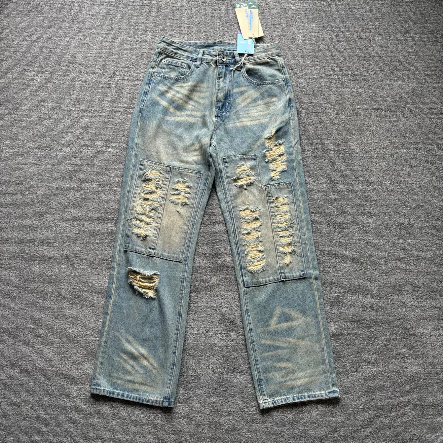 American style distressed patched ripped wide leg jeans for men retro washed straight trousers
