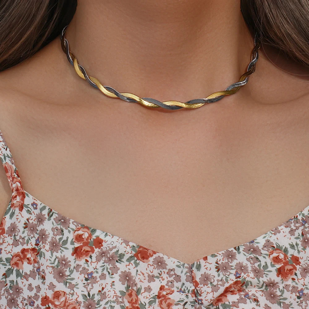 E.B.belle Gold&Silver Color Braid Herryingbone Chain Choker Necklace For Woman E B belle Official Store Stainless Steel Jewelry
