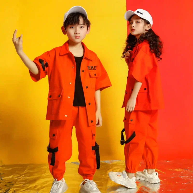 HipHop Street Ballsaal Tanz kleidung tragen Kinder Jazz Hip Hop Tanz kostüme orange Jacke Top lose Freizeit hose für Mädchen Jungen