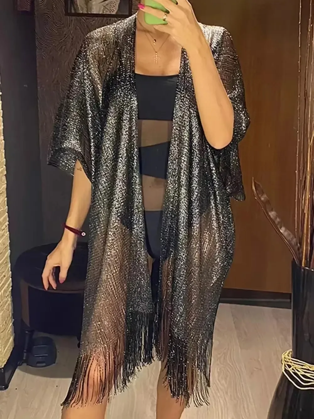 Summer Sexy Tassel Gold Bikini Cover Up Beach Dress Tunics for Women Beachwear Cover-ups Kaftan Evening Dress Shawls 2025