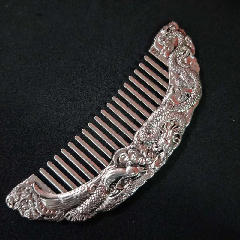 

Antique-Style Distressed Miao Silver Tibetan Silver Comb Copper Silver-Plated Dragon and Phoenix Comb Pocket Comb Silver-Plated