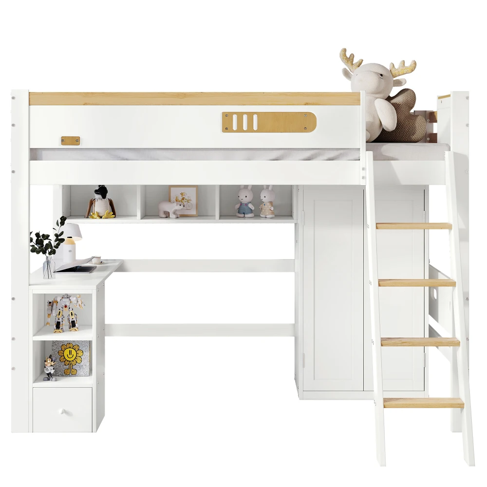 PINGGO Etagenbett für Kinder mit Fallschirmschutzgeländer, Schreibtisch, Kleiderschrank, Stauraum, 4-Stufen-Leiter, Kiefer, MDF, Sperrholz, Weiß, 90x200cm, ohne Matratze – Detail 8