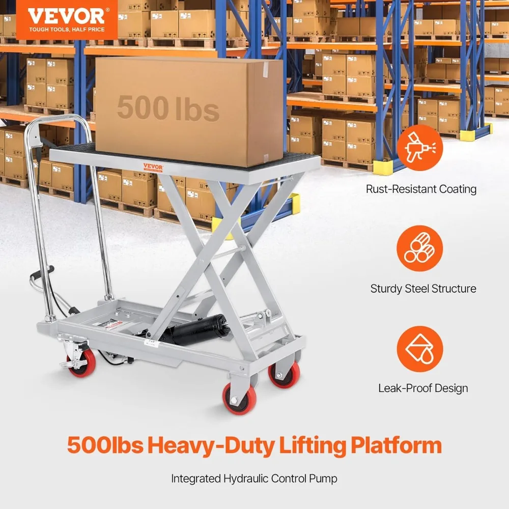 Hydraulic Lift Table Cart, 500lbs Load Capacity 28.5 Inch Lifting Height, Manual Single Scissor Lift Table with 4 Wheels